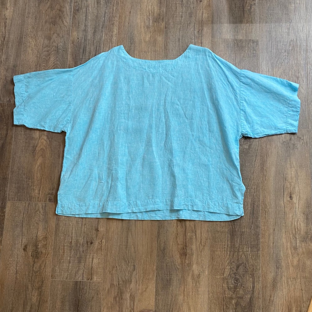 Pure Jill J. Jill Linen Top Womens 1X Blue Short Sleeve Boxy Relaxed Blouse 597